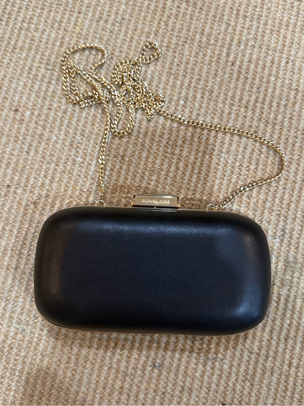 MICHAEL KORS Black Leather Box Clutch with Gold Chain
